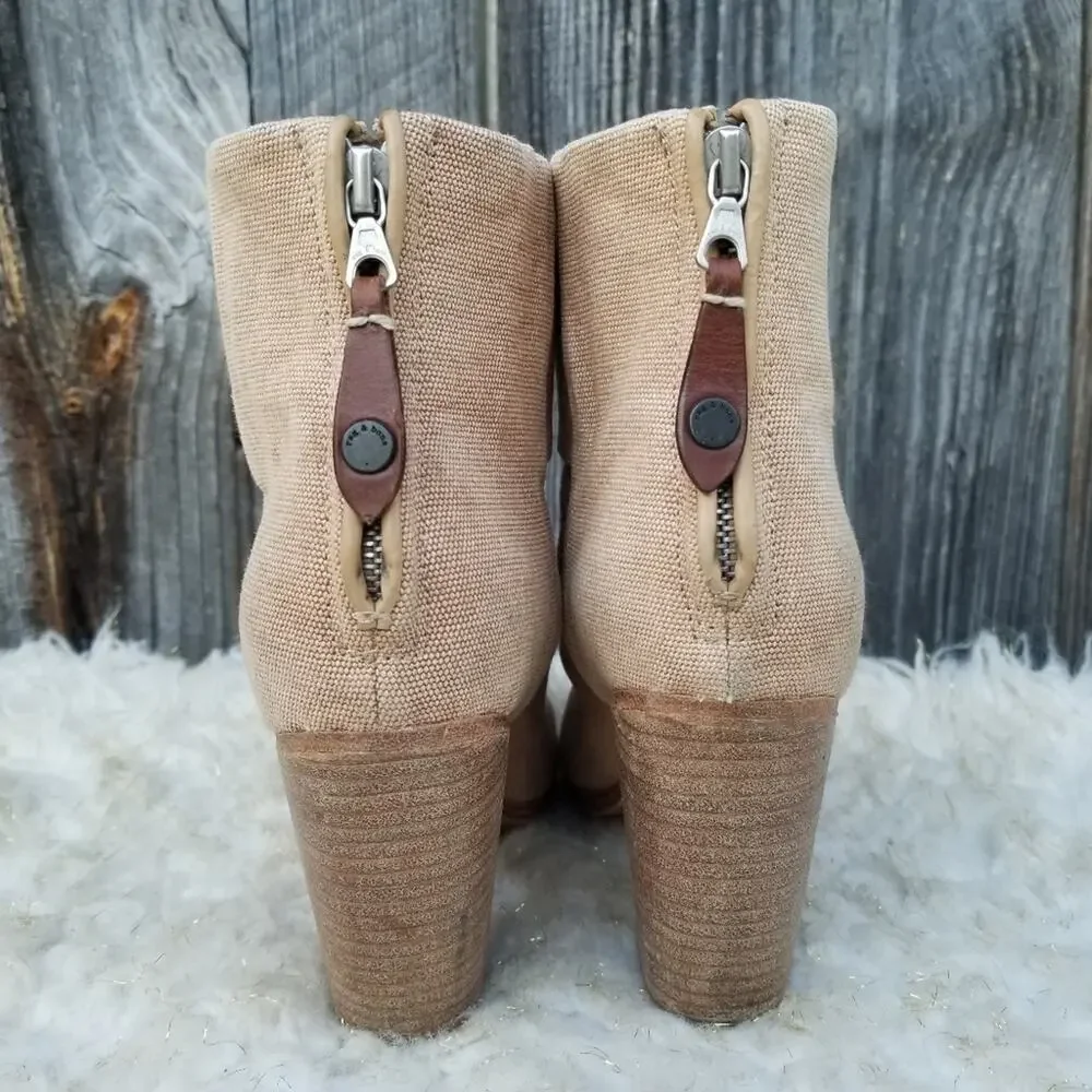 Rag & Bone Newbury Ankle Boot Size 7.5 Rear Zip Tan Canvas High Heeled Bootie